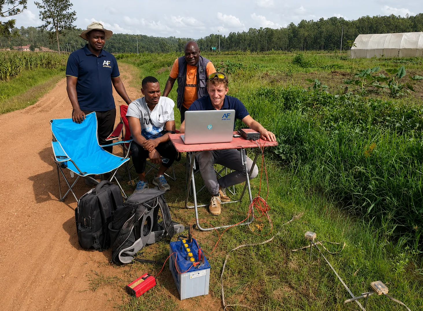 Field operation site with engineers using tablets, bright natural lighting, professional and technological atmosphere.